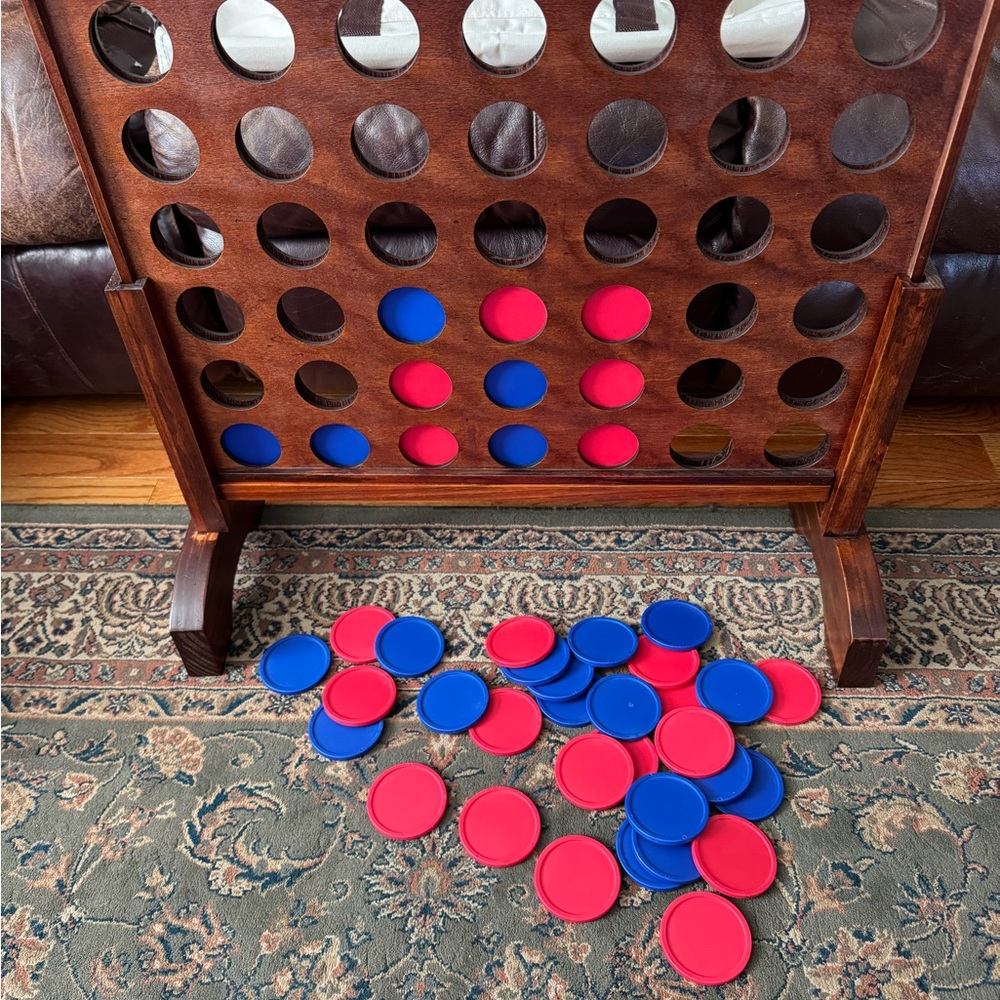 Classic Wooden Connect Four Game with Red and Blue Discs. 2 foot Long! With Case